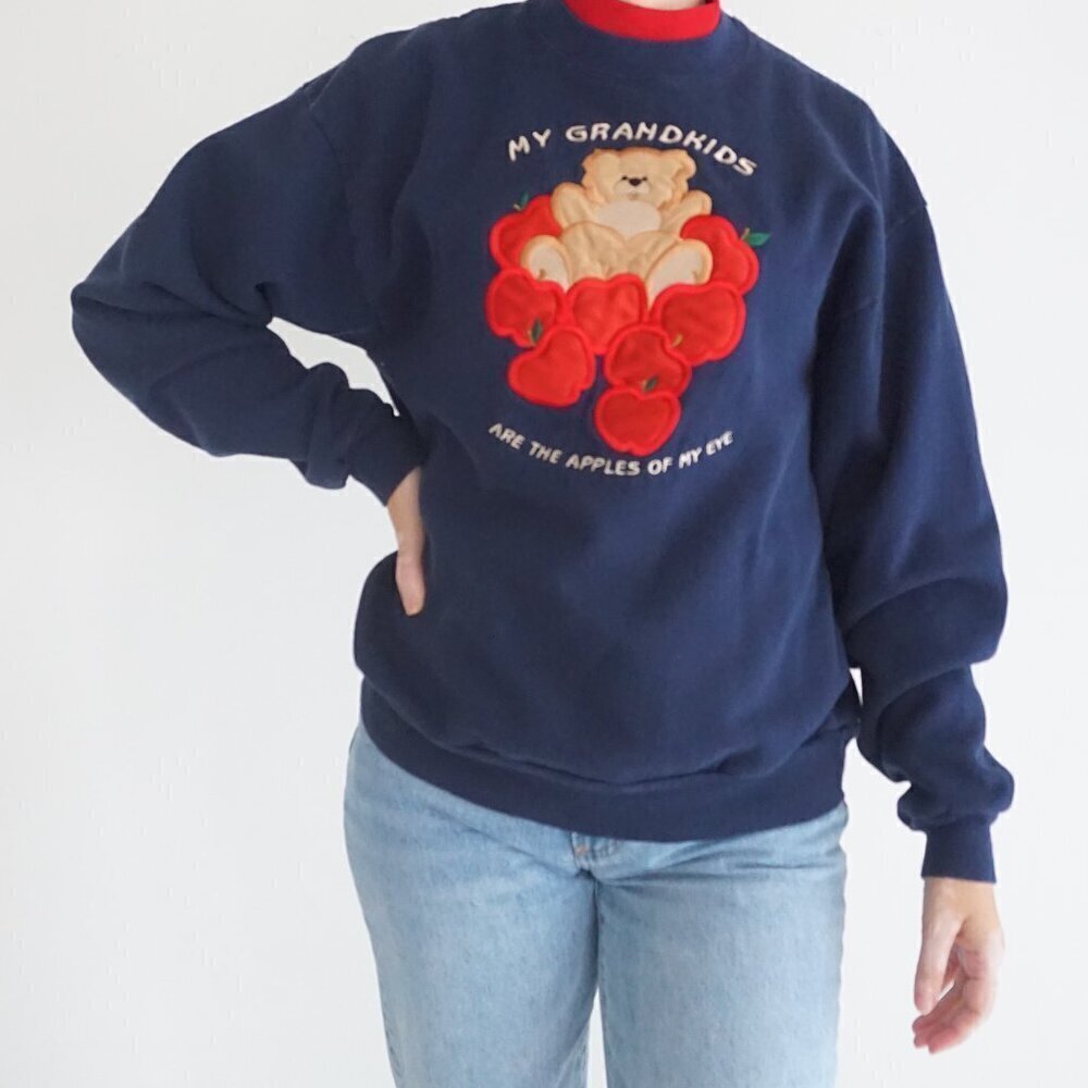 Vintage M&C Sportswear Navy Red Embroidered Grandma Teddy Bear Crew Sweater M